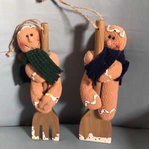 RARE vintage fabric gingerbread men fork & spatula kitchen Christmas ornaments